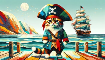 A cat dressed in a pirate costume, standing on a wooden dock by the sea, with a ship in the background.