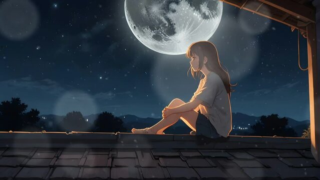 Anime girl sitting on the roof of her house watching the moon and starry sky