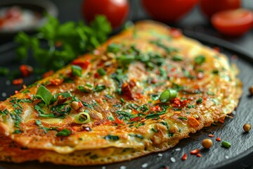 A large omelet with herbs and spices on top
