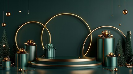 Elegant rendering of gift boxes, glowing arches, gold palette, and ceramics on green backdrop.
