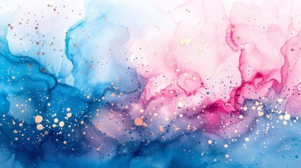 An abstract pink and blue background with little glittery gold hearts. 