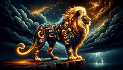 A lion standing majestically on a rocky ledge, with a mane detailed in glowing, intricate patterns against a stormy sky.