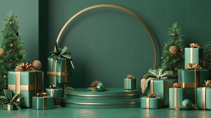 Elegant rendering of gift boxes, glowing arches, gold palette, and ceramics on green backdrop.