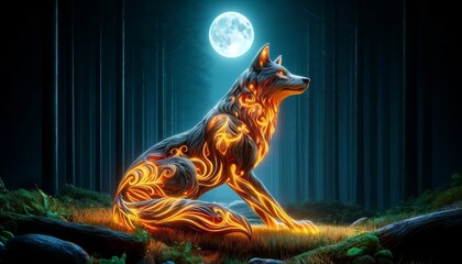A wolf in a serene forest setting, with elaborate luminescent designs tracing through its fur, reflecting the moonlight.