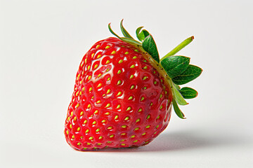 a single strawberry with a green stem on a white surface