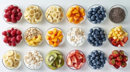 fruit and yogurt parfait bar on transparent background, featuring sliced bananas, blueberries, and strawberries in white bowls - Powered by Adobe