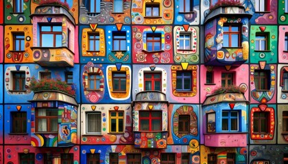 A close-up view of various windows from a colorful, stylized village, each window decorated with different patterns and bright colors.