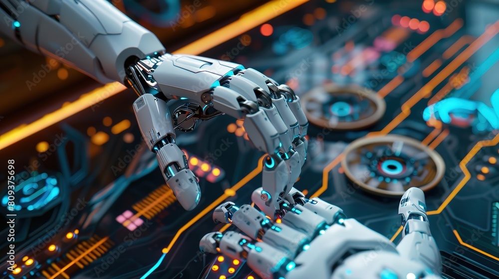 Poster attractive machine learning artificial intelligence technology concept, robot hand pressing button
