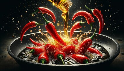 A detailed close-up image of bright red chili peppers falling into a hot pan, causing oil to splash dramatically.