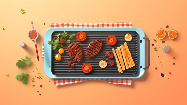 grilled steak with vegetables on blue grill clip art preview