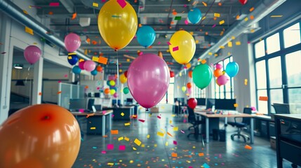 Festive office celebration with balloons and confetti