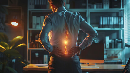 office syndrome, highlighted spine of the back of a businessman standing with back pain in the office, a man with back pain highlighted the bones