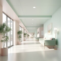 Interior of a modern office with a long corridor.