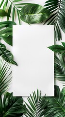Festive tropical leaves frame the white background, mockup for your design or text. Vector illustration of green palm and monstera leaves on a white background.