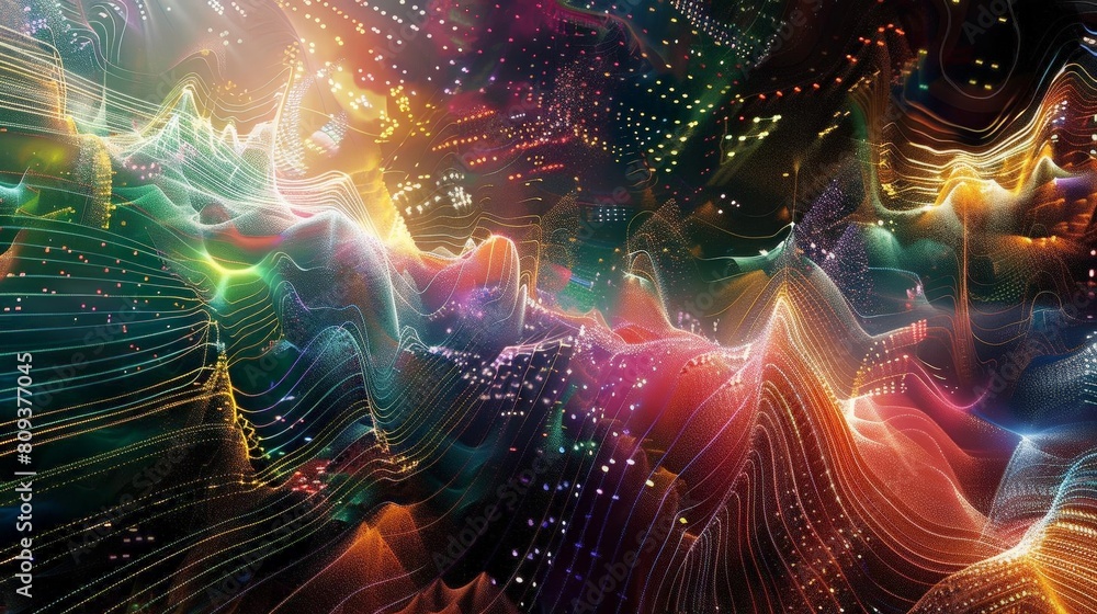 Poster a colorful fractal image featuring a variety of shapes and sizes, including a triangle, a square, a 