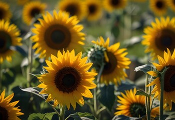 Sunny yellow sunflowers standing tall in a field, generative AI