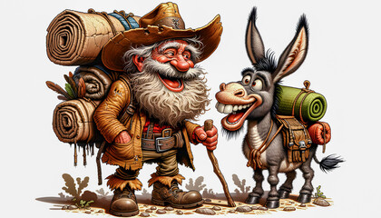 An old prospector and his faithful mule trek rugged terrains, a classic duo in search of fortune in the vast, wild landscapes.