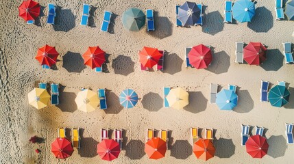 A circle of people enjoying a beach event, sitting under colorful umbrellas. The symmetry of their patterns creates an artistic scene against the worlds backdrop AIG50