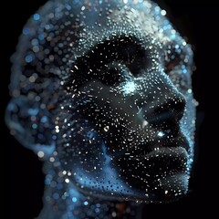Human face for recognition, future technology. Abstract head, artificial intelligence from particles, gems, polygons. 3D Illustration