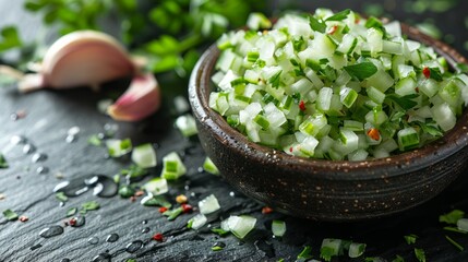 Chopped green onions in a rustic bowl, fresh and ready for cooking - Powered by Adobe