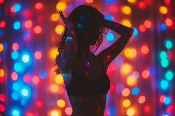 A woman is dancing in front of a colorful background