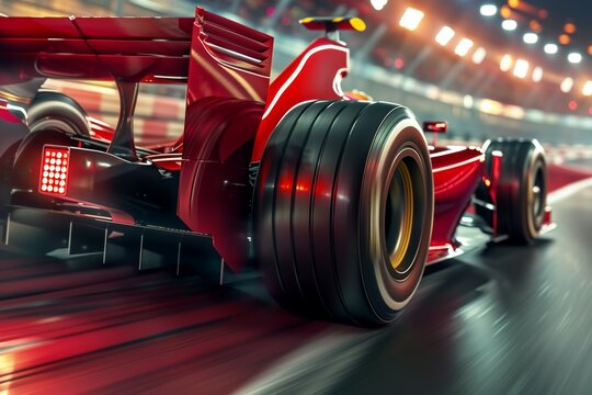 A red race car is speeding down a track