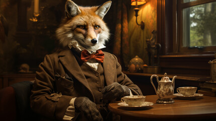 A fox is sitting at a table with a teapot and a cup