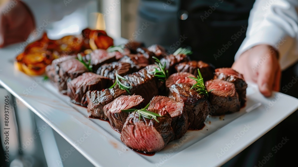 Poster server transporting multiple pieces of beef tenderloin at a party held in a dining establishment