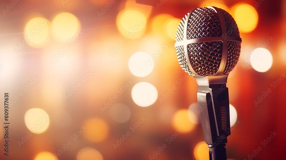 Poster microphone on stage with bokeh background