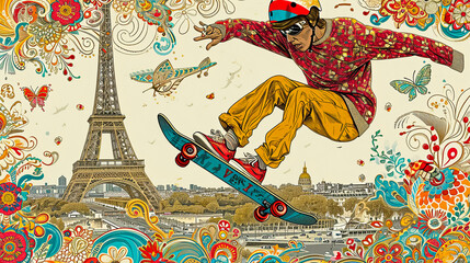 simple line art minimalist collage illustration with a professional skateboarder practicing tricks and Eiffel Tower in the background,