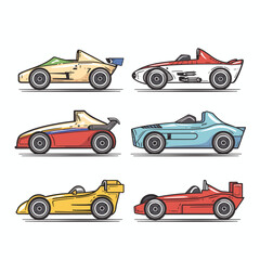 Collection six colorful vintage race cars, side view, isolated white background. Classic racing automobiles, unique colors design details. Vector illustration retro sports cars, streamlined shapes