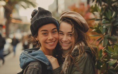 Portrait of smiling young lesbian couple embracing while standing together 