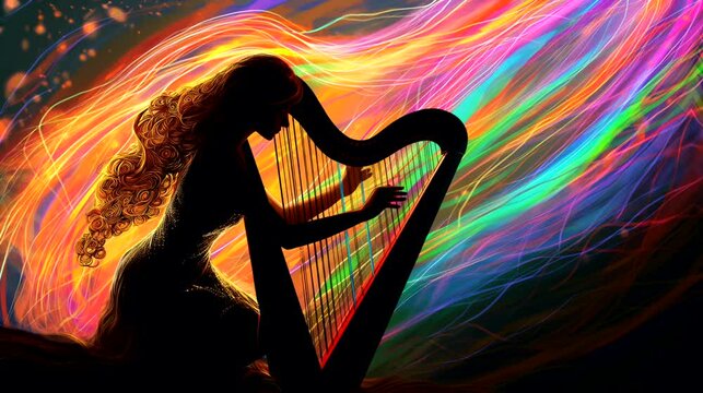 A harpist silhouette with colorful aura, spiritual music. Anime or digital painting style, looping 4k video animation background