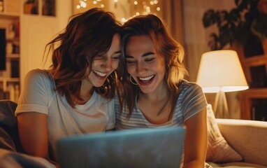 Happy young lesbian couple enjoying online shopping while relaxing together in the living room 