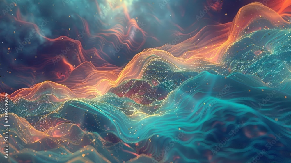 Poster an abstract fractal image featuring a colorful array of shapes and sizes, including a triangle, a sq