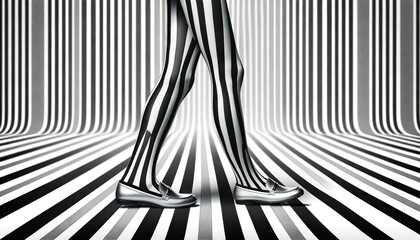 Image of legs walking, featuring black and white striped tights with silver loafers, set against a...