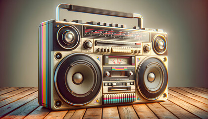 A nostalgic image of a retro cassette boombox, evoking memories of the '80s with its bold design,...
