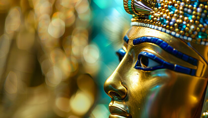 A stunning gold statue of an Egyptian pharaoh, intricately detailed with regal features and hieroglyphics, exuding ancient majesty and divine power, symbolizing the grandeur of ancient Egypt.