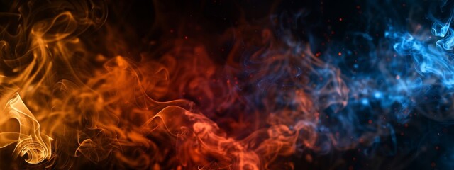 Fototapeta premium Dark background with orange and blue smoke in the foreground, closeup. Dark, fiery atmosphere with fog and smoke.