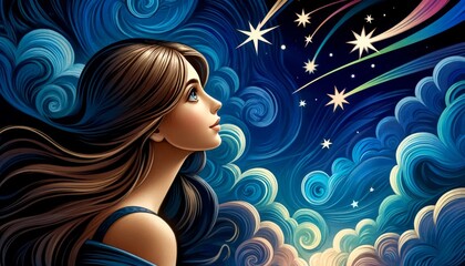 A close-up of the woman’s face as she looks up at a cluster of shooting stars in the night sky, her expression filled with wonder.
