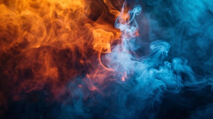 Dark background with orange and blue smoke in the foreground, closeup. Dark, fiery atmosphere with fog and smoke.