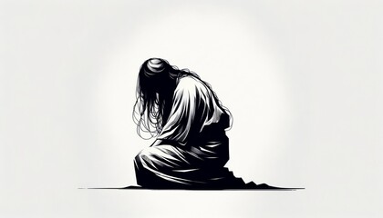 A figure seated with their head bowed down, their hair covering their face, set against a plain background.