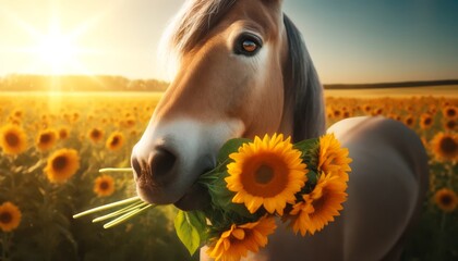 A close-up of a horse in a sunny field, gently gripping a stalk of sunflowers between its teeth. - Powered by Adobe