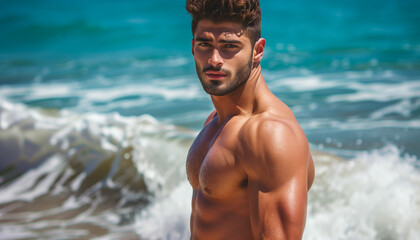 Male swimwear model poses confidently on a beach, with waves crashing behind him, epitomizing summer vibes and coastal allure.

