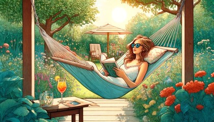 A serene image of a woman lying in a hammock in her garden, reading a book with sunglasses on, during a sunny summer day. - Powered by Adobe