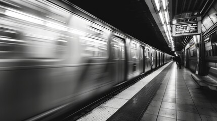 Dramatic black-and-white photography of a subway train streaking past the frame in motion blur, close-up detail