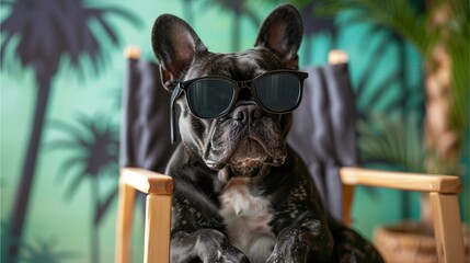french bulldog dog Wearing stylish sunglasses and sitting in a director's chair looking like a...