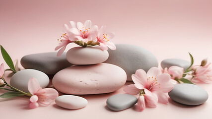 Relaxing balance Spa Stones and Beautiful Pink Cherry Flowers on pink Background 