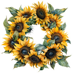 Watercolor sunflower wreath clipart on transparent background