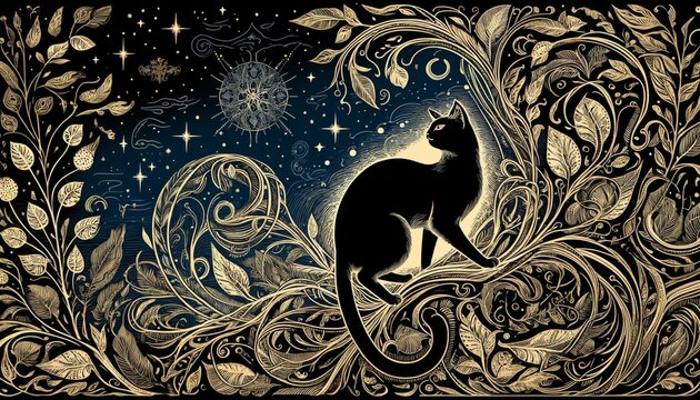 A mystical scene showing a cat intertwined with an intricate pattern of vines and leaves, set against a background of the night sky.